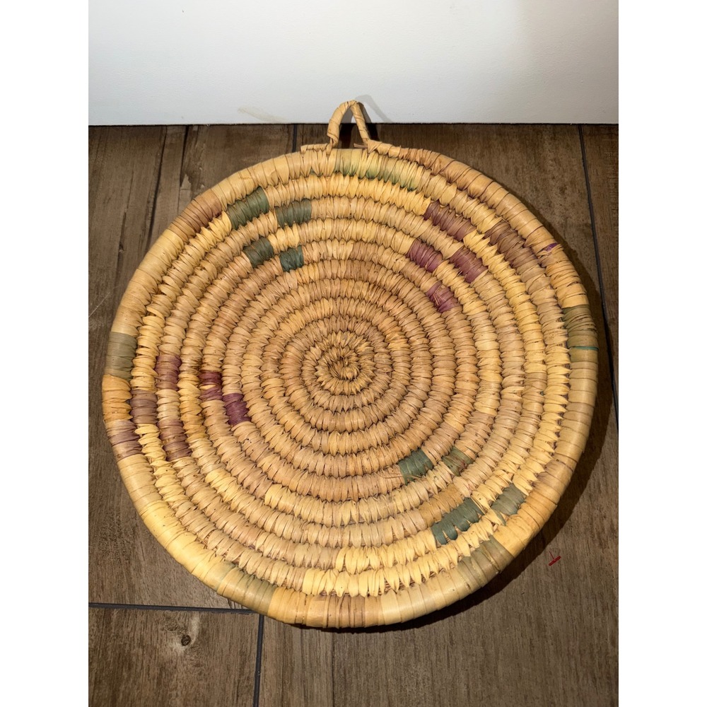 Vintage Hand Woven Coiled Straw Wall Hanging Basket Tray Boho Decor 12" Round